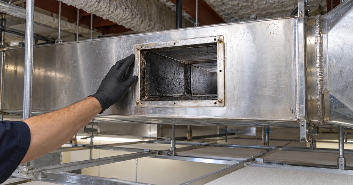 An open duct access panel on a horizontal grease duct run above a