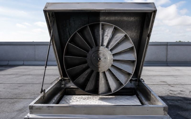 A rooftop exhaust fan wheel with half its blades cleaned to bright