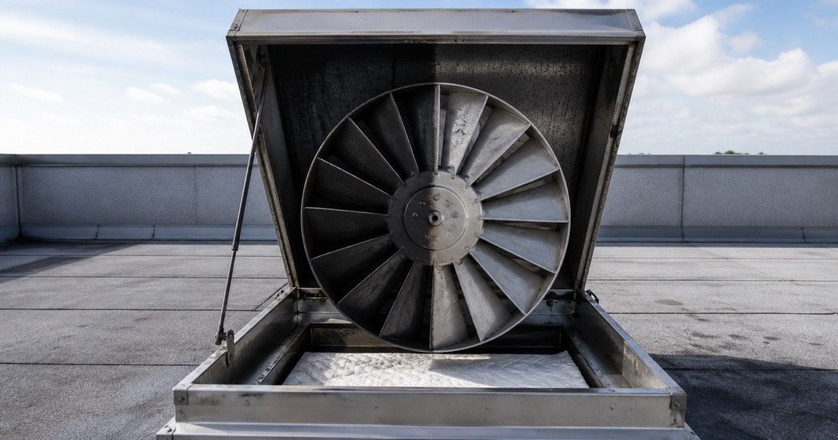 A rooftop exhaust fan wheel with half its blades cleaned to bright