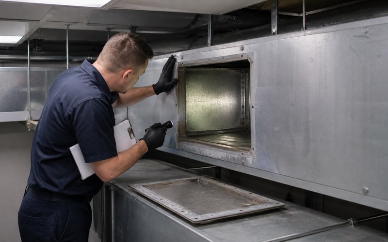 A technician examining the inside face of an open duct access panel