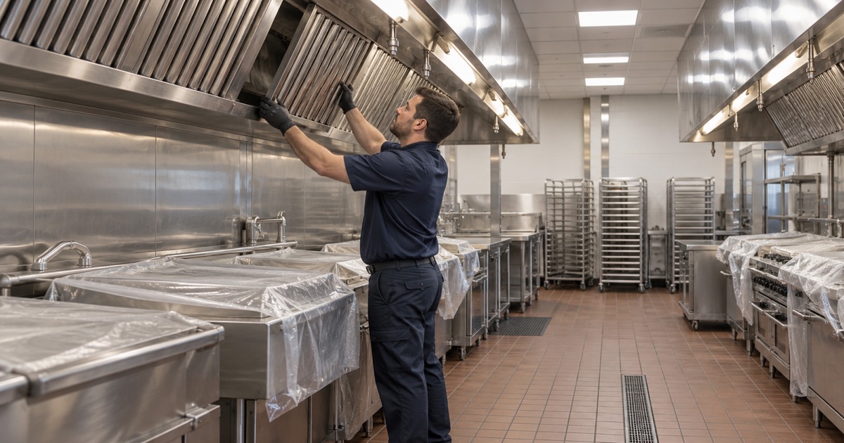 A technician working on one of several hoods in a large banquet