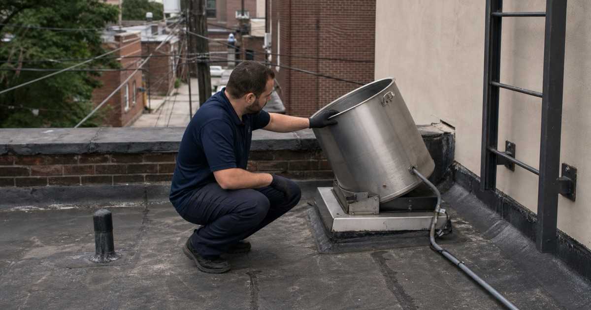 A compact rooftop exhaust fan above an Artesia storefront restaurant row.