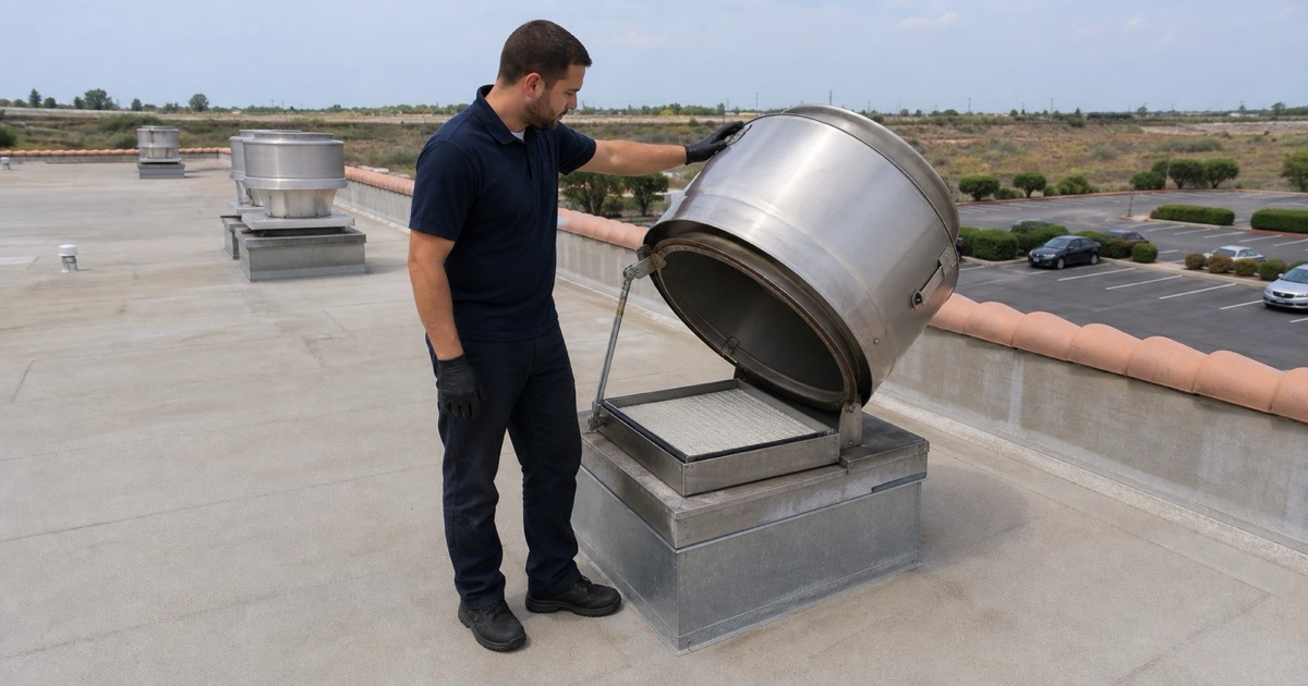 A rooftop exhaust fan tilted open above a Brea downtown restaurant.