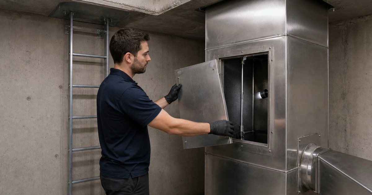 A worker opening an access panel on a grease duct riser climbing