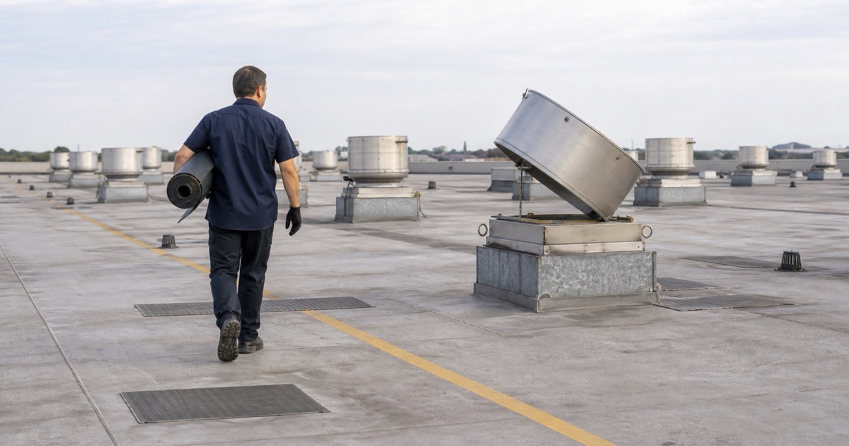 A worker crossing an enclosed mall roof toward a bank of exhaust fans
