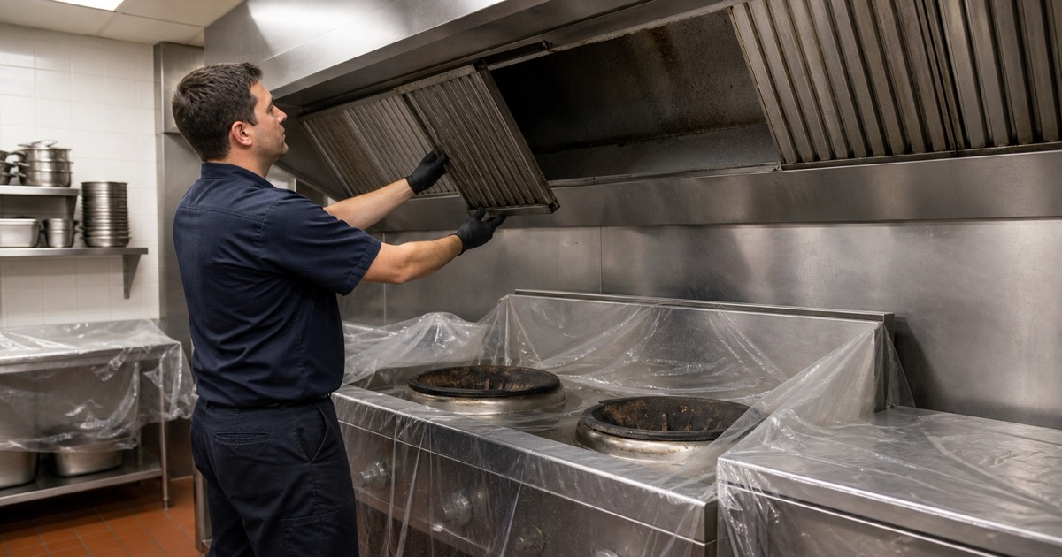 A worker removing filters above a wok range in a closed restaurant