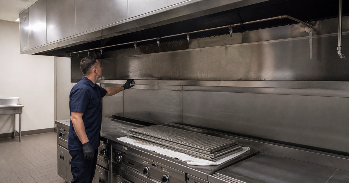A technician inspecting suppression nozzle positions inside a hood