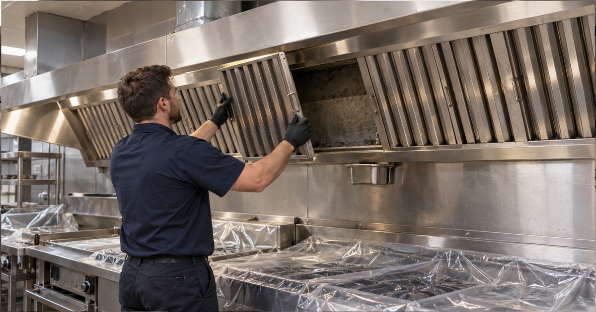A technician lifting a baffle filter clear of its rail on a closed