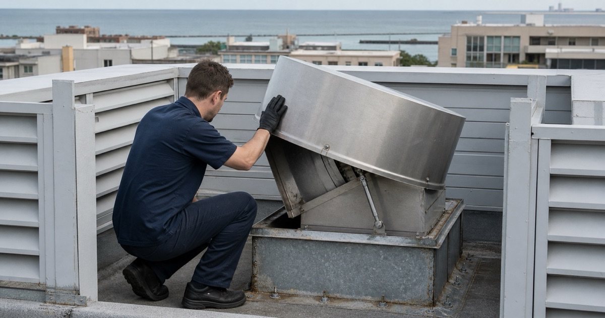 A rooftop exhaust fan inside a screened roof well, tilted open for