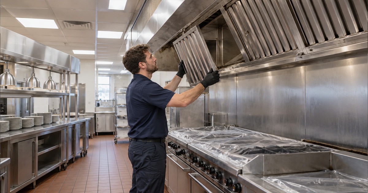 A technician working on a hood in a large community dining room kitchen