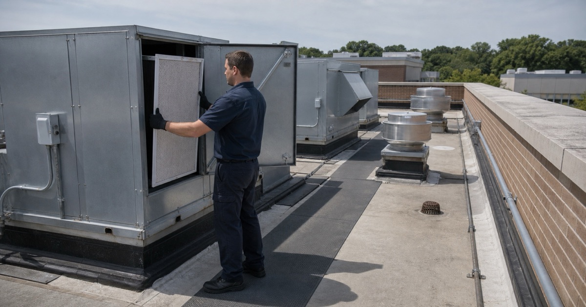 Rooftop mechanical units serving a Los Alamitos institutional kitchen.