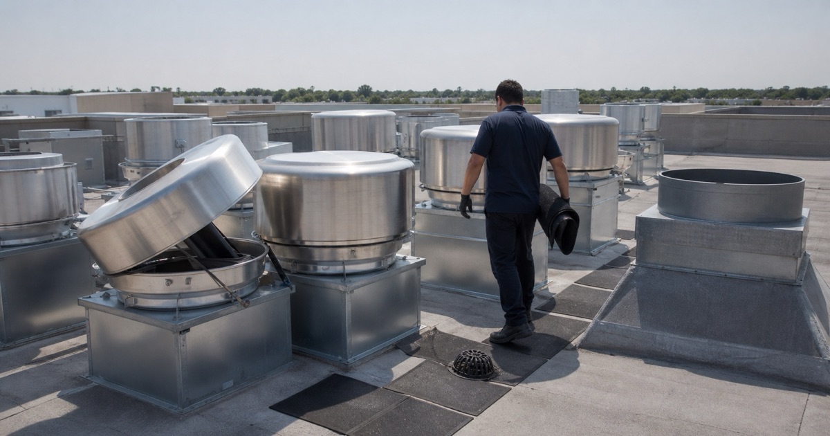 Rooftop exhaust fans serving food court tenant kitchens in Mission Viejo.