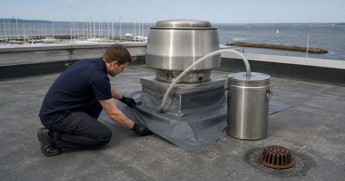 A technician setting containment around a rooftop fan on a harbor-front