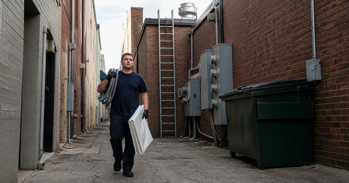A worker carrying equipment through a narrow rear alley behind historic