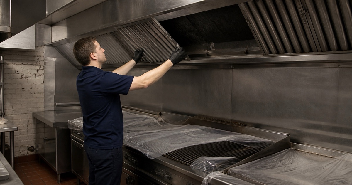 A technician removing filters above a charbroiler on a closed downtown
