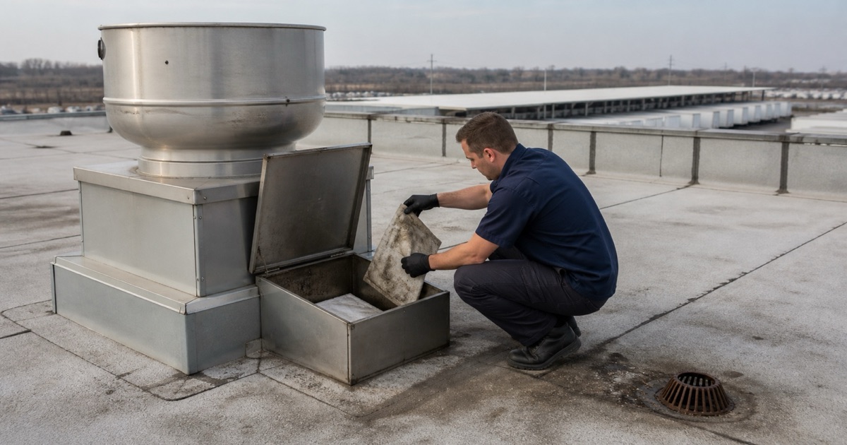 A rooftop exhaust fan and grease containment box on a Signal Hill commercial roof.
