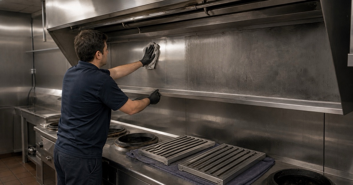 A technician wiping the plenum above a wok line with the filters