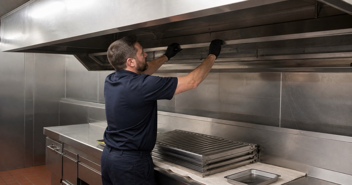 A worker straightening a bent filter rail inside a commercial hood with