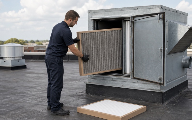 A technician sliding a filter out of an open rooftop make-up air unit.