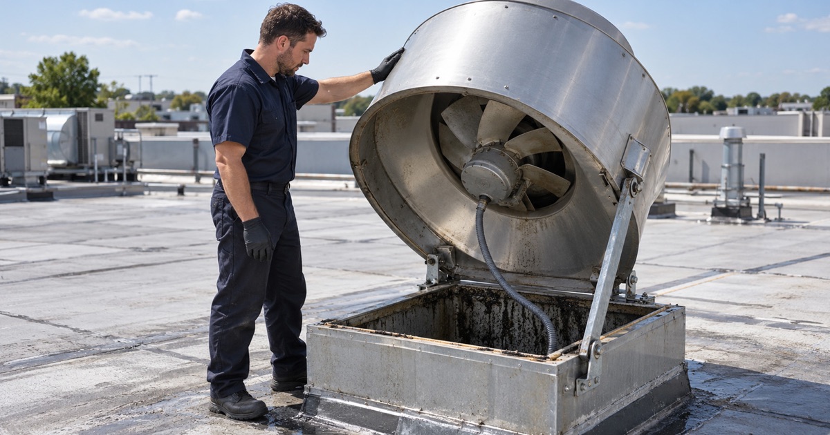 A rooftop upblast exhaust fan tilted back on its hinge kit and resting