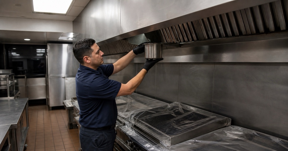 A technician drawing a grease cup from beneath the filter bank of a