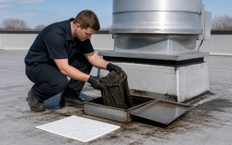 A technician lifting a saturated absorbent pad from a rooftop grease