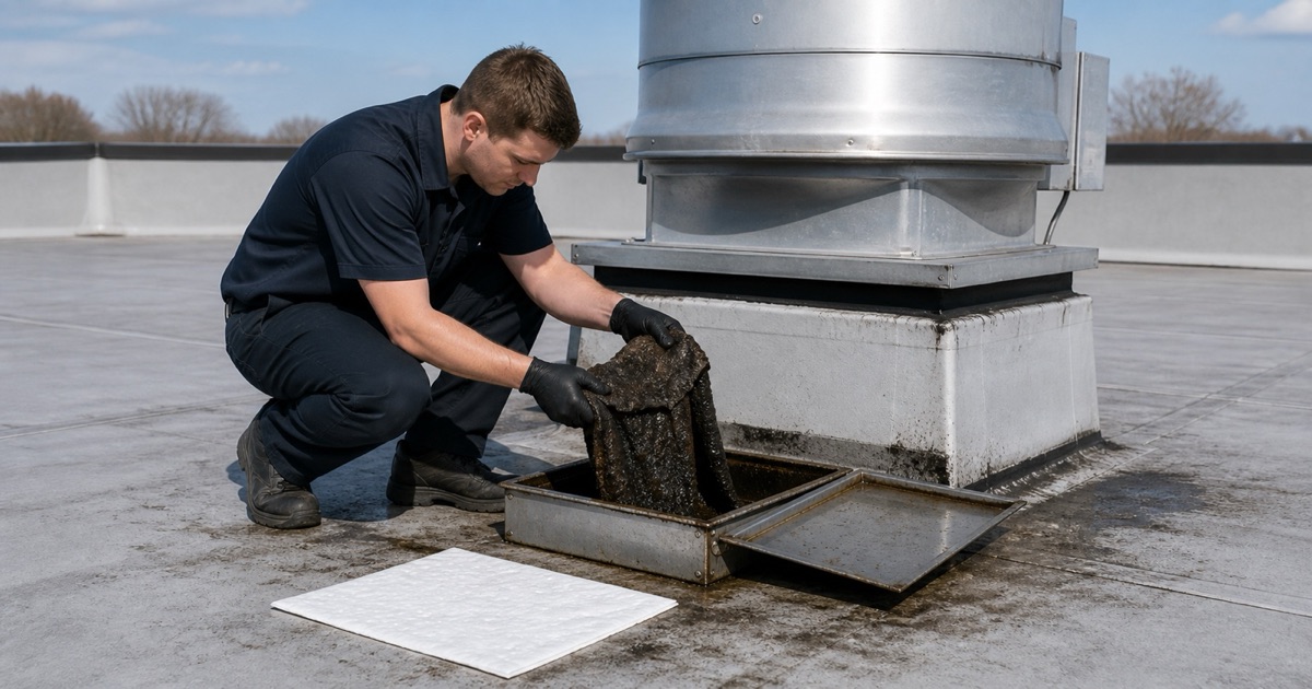 A technician lifting a saturated absorbent pad from a rooftop grease