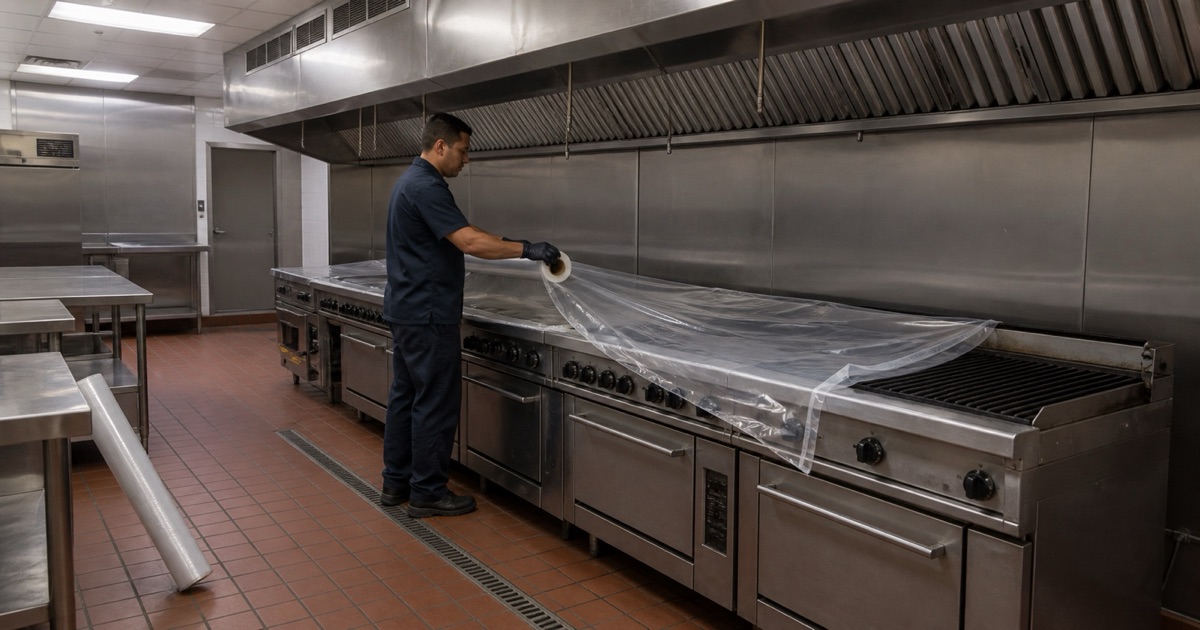 A worker laying containment sheeting over a closed commercial cook line